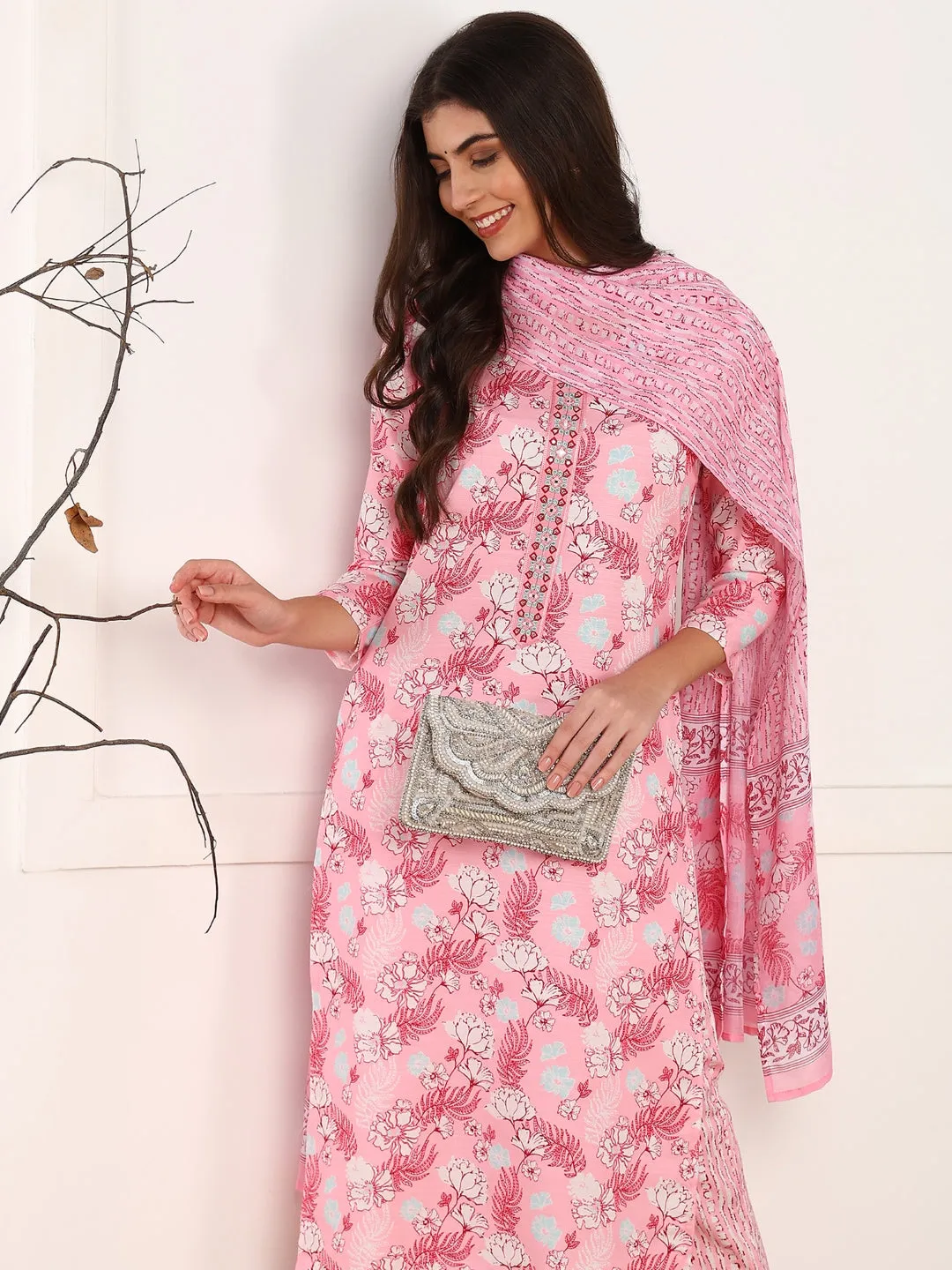 Pink Poly Rayon Floral Printed 3-Piece Kurta Set