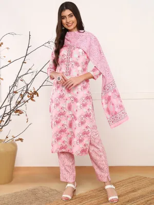 Pink Poly Rayon Floral Printed 3-Piece Kurta Set