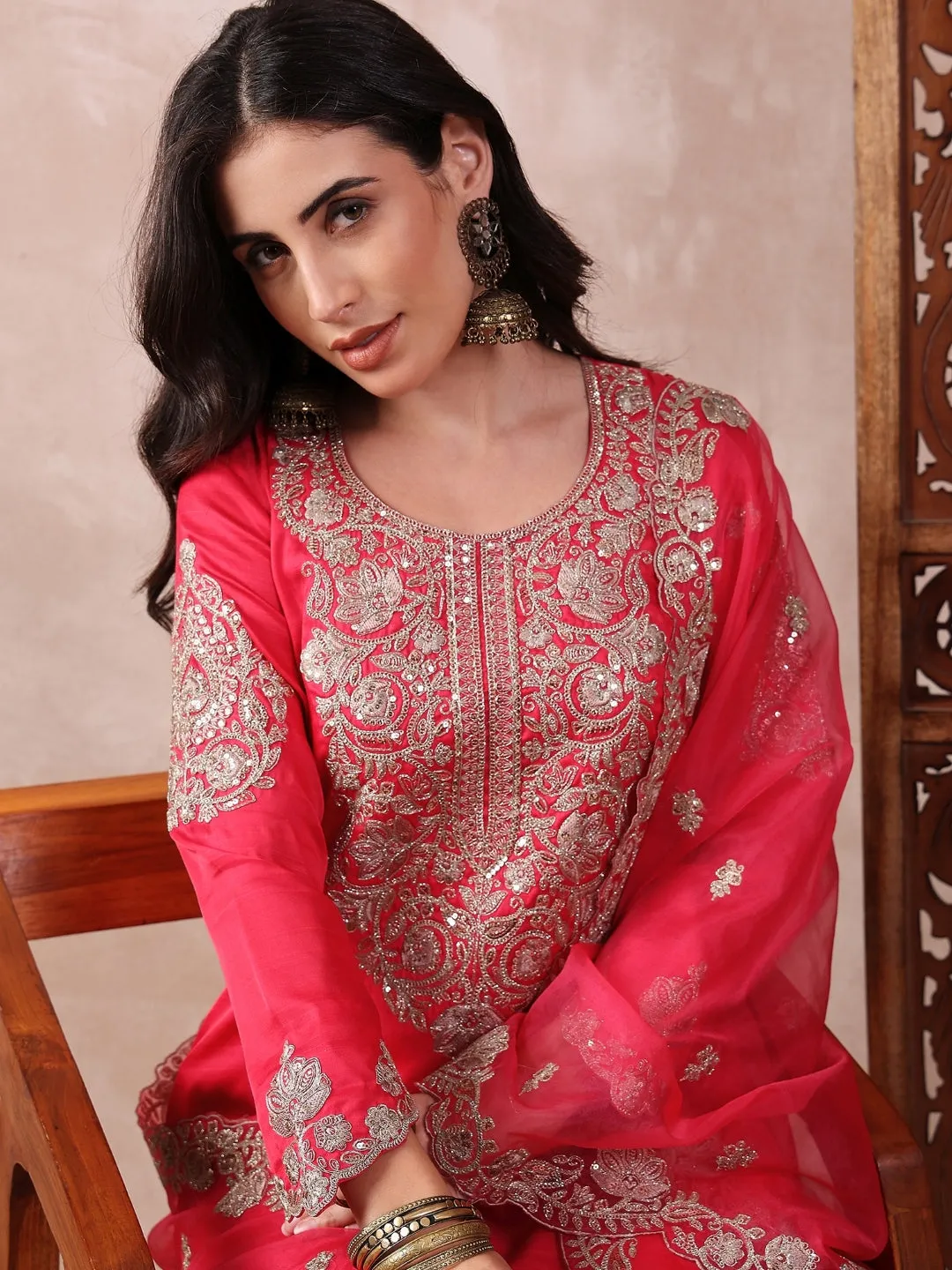 Pink Silk Blend Solid Embroidered 3-Piece Kurta Set