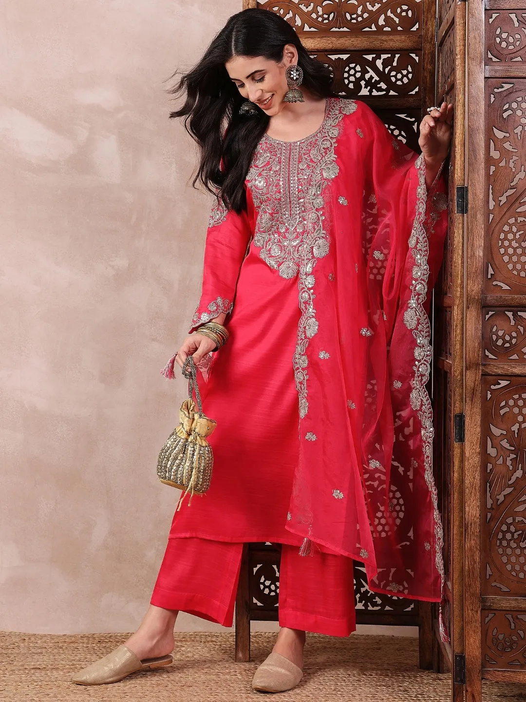 Pink Silk Blend Solid Embroidered 3-Piece Kurta Set