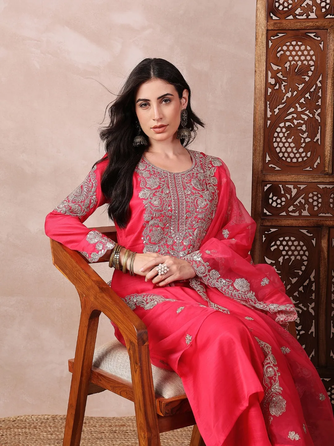 Pink Silk Blend Solid Embroidered 3-Piece Kurta Set