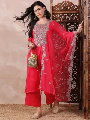 Pink Silk Blend Solid Embroidered 3-Piece Kurta Set
