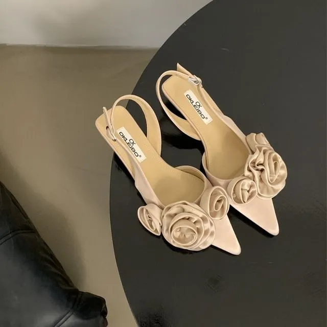 Pointed Toe Flower Slingback Kitten Heel Pumps