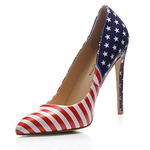 Reindee Lusion Womens High Stiletto Heels Red American Flag Paste Printed Pointed Toe Sexy Pumps Shoes Size 7