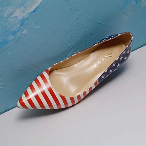 Reindee Lusion Womens High Stiletto Heels Red American Flag Paste Printed Pointed Toe Sexy Pumps Shoes Size 7