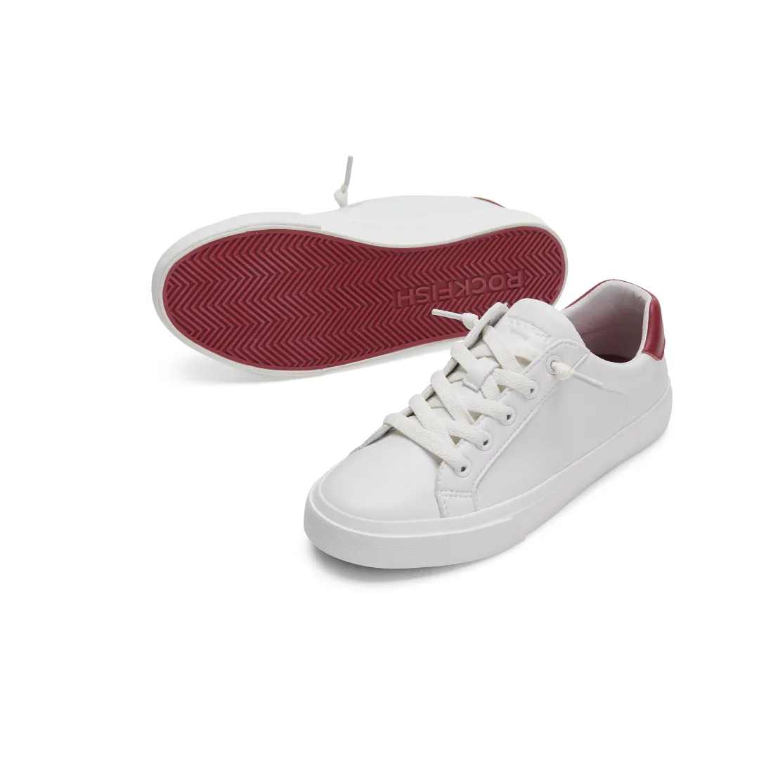 ROCKFISH 775 WHITE Ladies Microfibre Sneakers. Womens white trainers with red trim