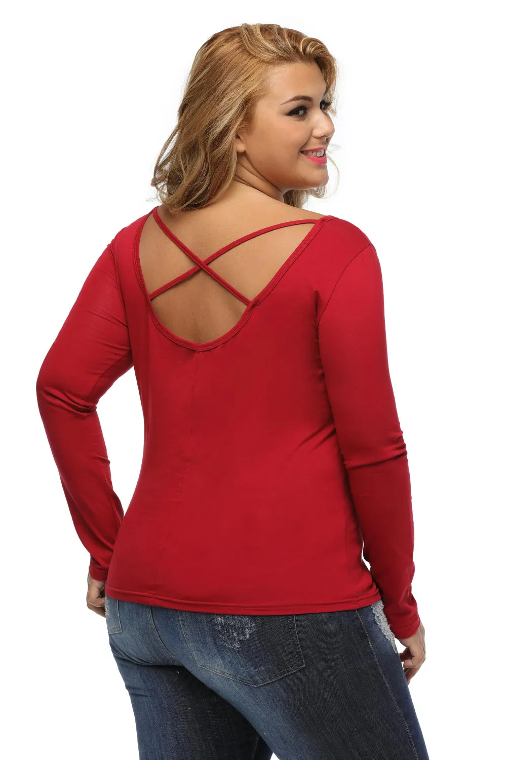 Sexy Burgundy Plus-Size Crisscross Back Long-Sleeve Top