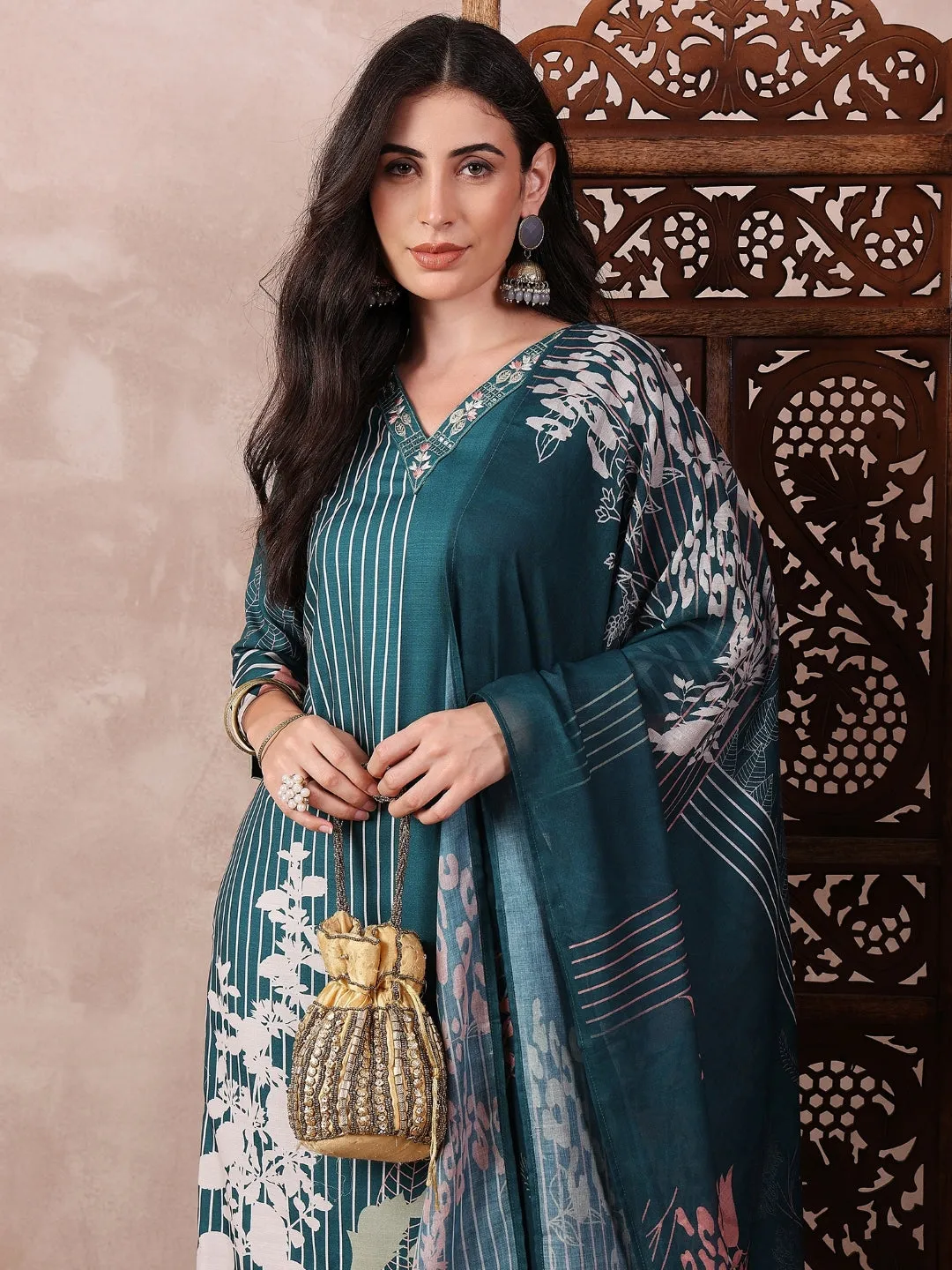 Teal Silk Blend Abstract Printed 3-Piece Kurta Set