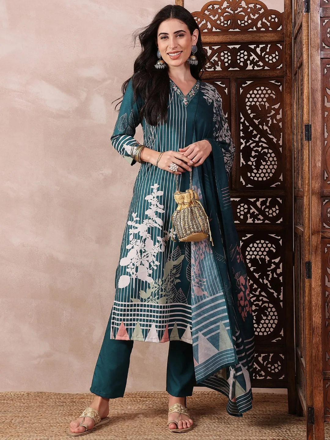 Teal Silk Blend Abstract Printed 3-Piece Kurta Set
