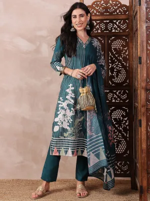 Teal Silk Blend Abstract Printed 3-Piece Kurta Set