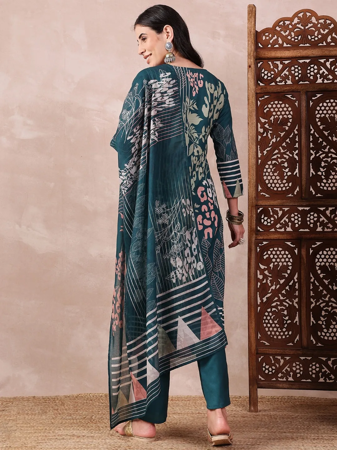 Teal Silk Blend Abstract Printed 3-Piece Kurta Set