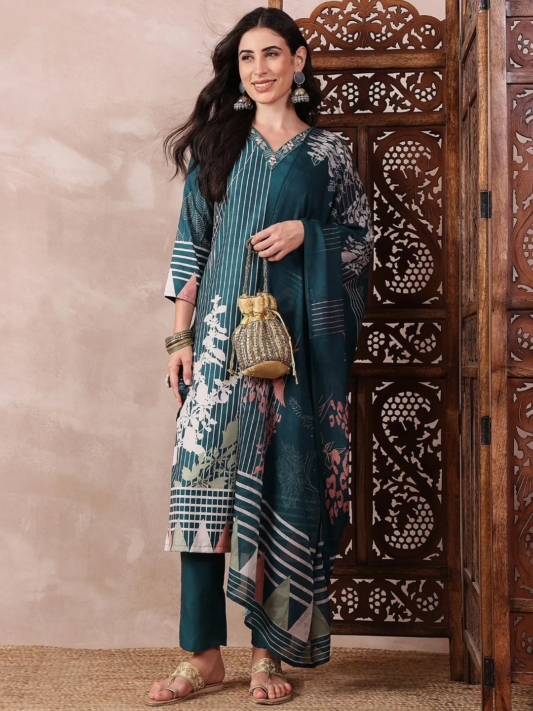 Teal Silk Blend Abstract Printed 3-Piece Kurta Set