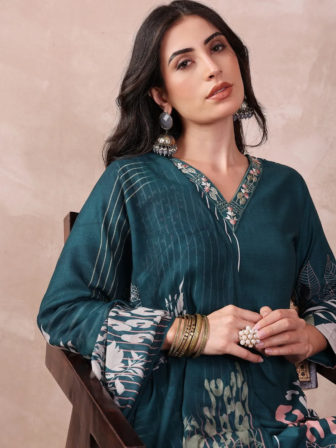 Teal Silk Blend Abstract Printed 3-Piece Kurta Set
