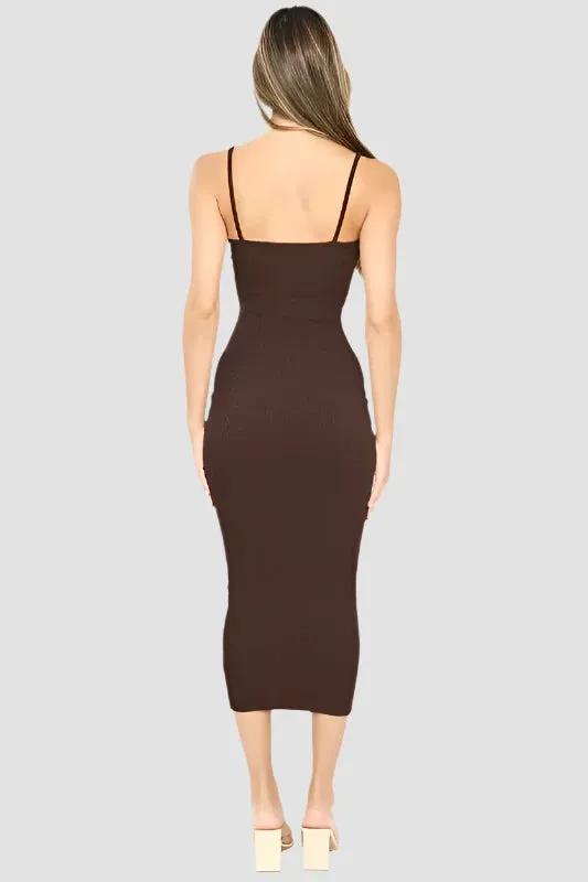 V.I.P. Brown Ruched Bodycon Midi Dress