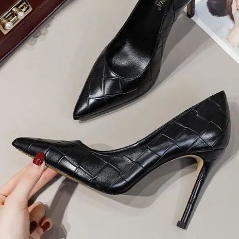 Women grid elegant pointed toe solid stiletto high heels
