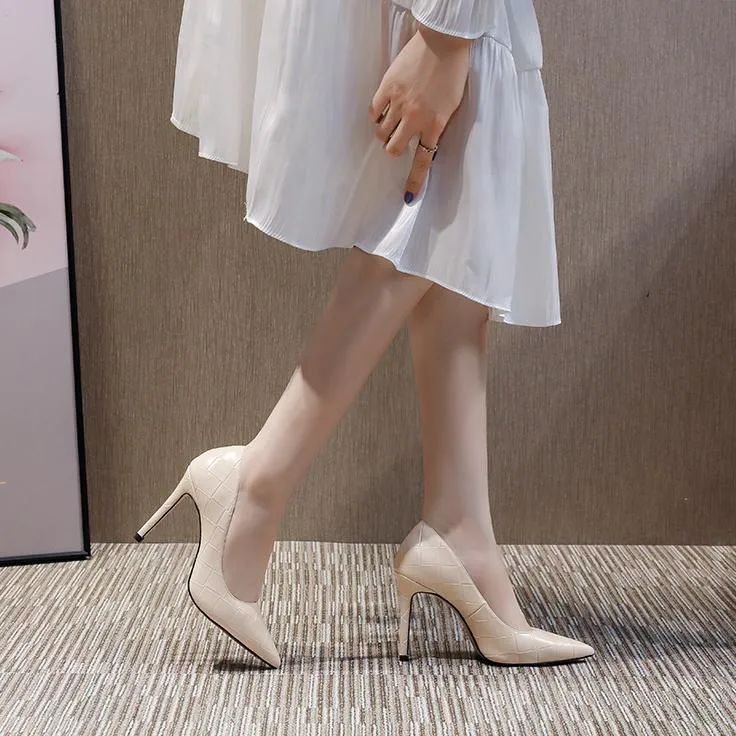 Women grid elegant pointed toe solid stiletto high heels