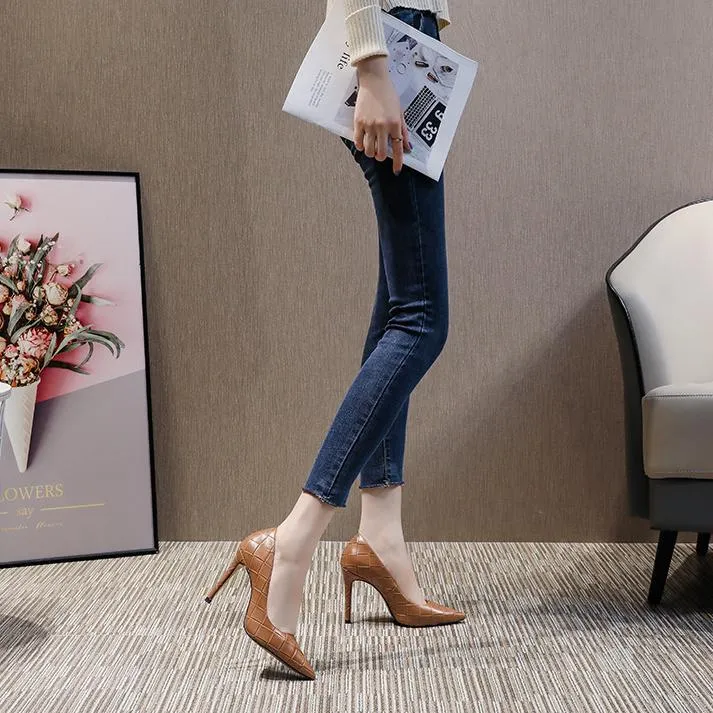 Women grid elegant pointed toe solid stiletto high heels