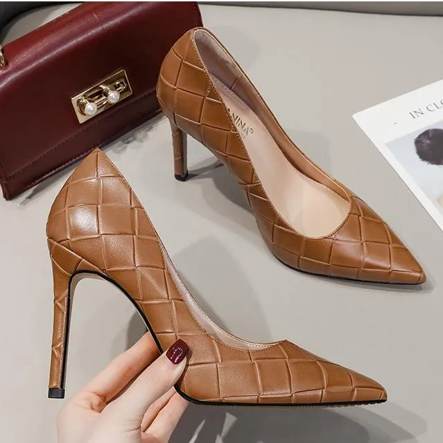 Women grid elegant pointed toe solid stiletto high heels