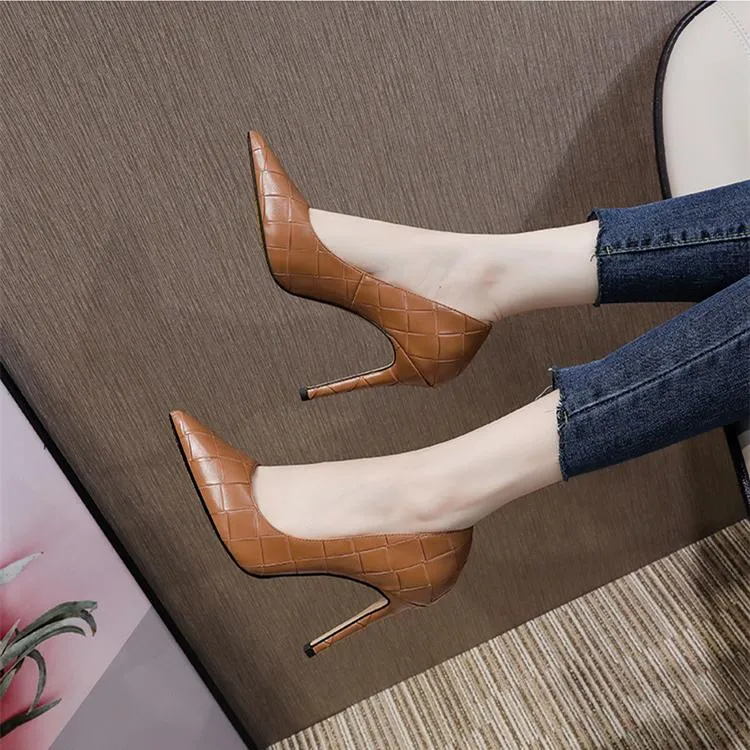Women grid elegant pointed toe solid stiletto high heels