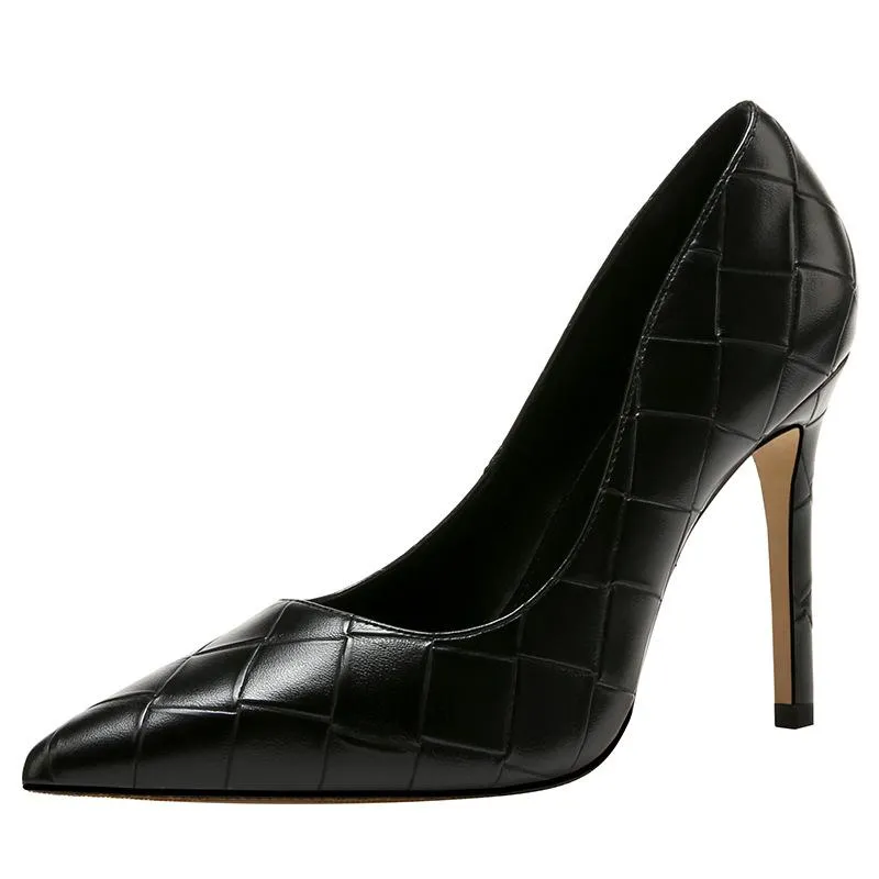 Women grid elegant pointed toe solid stiletto high heels