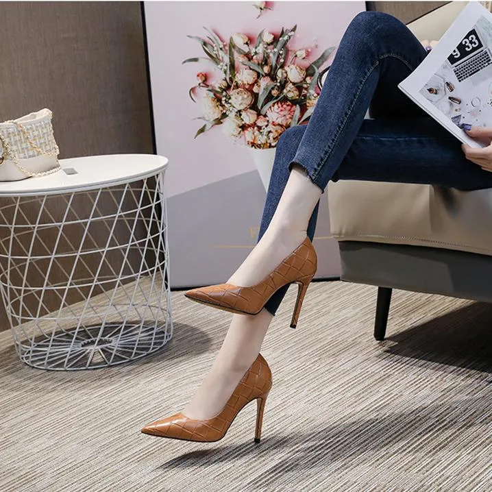 Women grid elegant pointed toe solid stiletto high heels