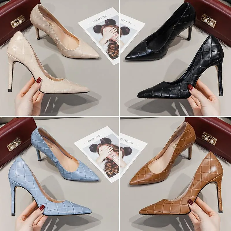 Women grid elegant pointed toe solid stiletto high heels