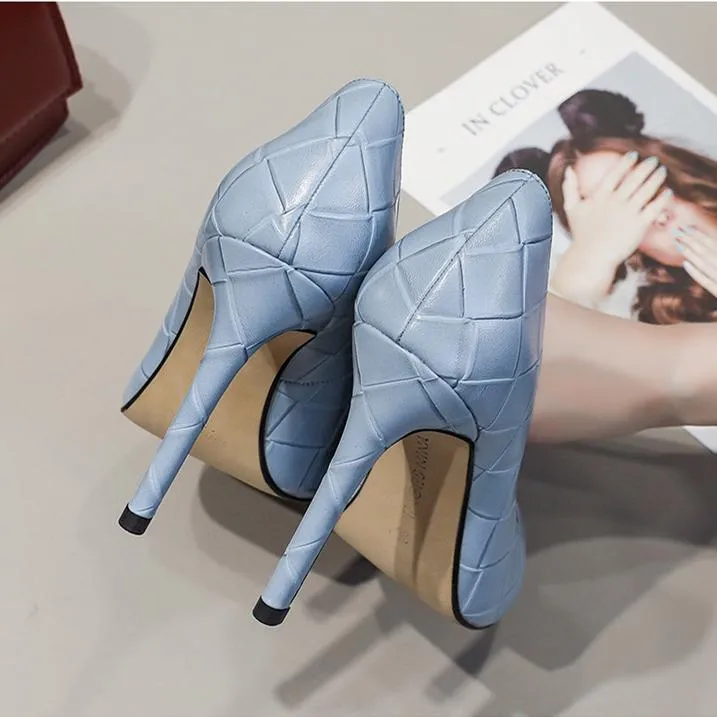 Women grid elegant pointed toe solid stiletto high heels