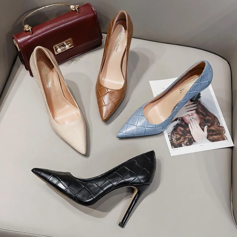 Women grid elegant pointed toe solid stiletto high heels