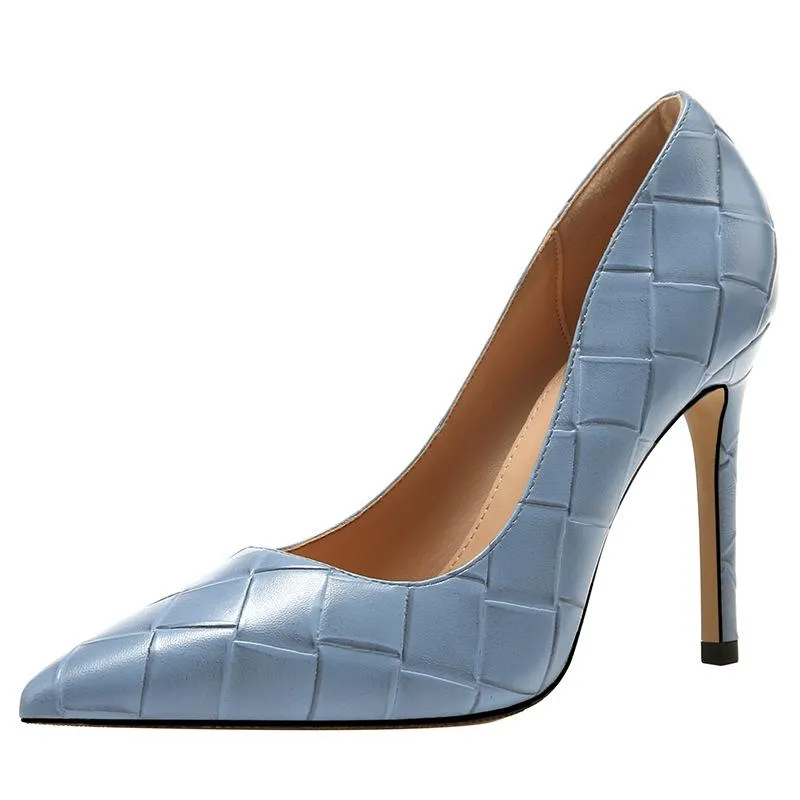 Women grid elegant pointed toe solid stiletto high heels