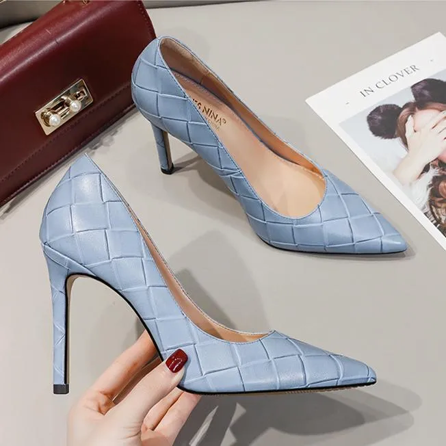 Women grid elegant pointed toe solid stiletto high heels