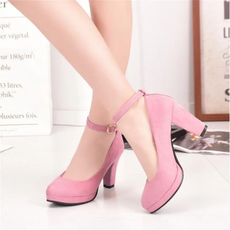 Women's Fashion Pumps Sweet Woman Thick High Heels Ankle Strap Flock