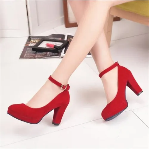 Women's Fashion Pumps Sweet Woman Thick High Heels Ankle Strap Flock