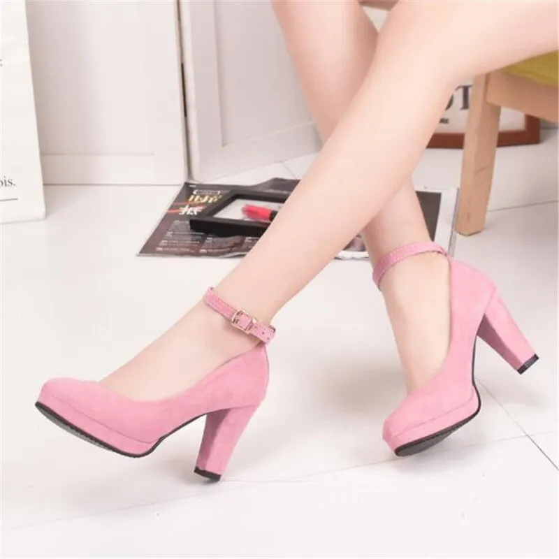 Women's Fashion Pumps Sweet Woman Thick High Heels Ankle Strap Flock