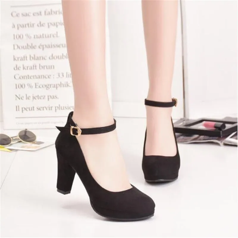 Women's Fashion Pumps Sweet Woman Thick High Heels Ankle Strap Flock