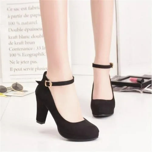 Women's Fashion Pumps Sweet Woman Thick High Heels Ankle Strap Flock