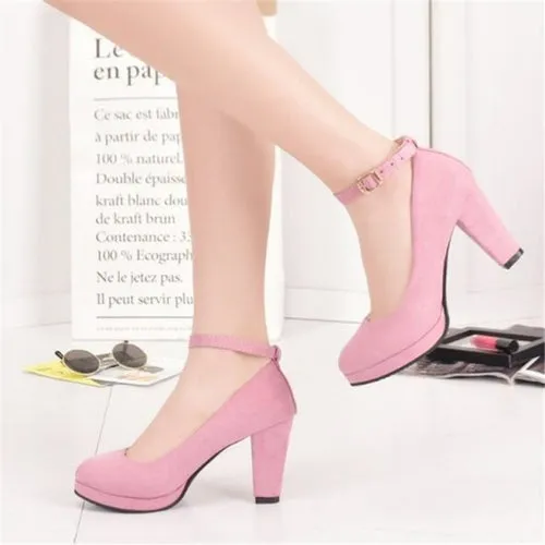 Women's Fashion Pumps Sweet Woman Thick High Heels Ankle Strap Flock