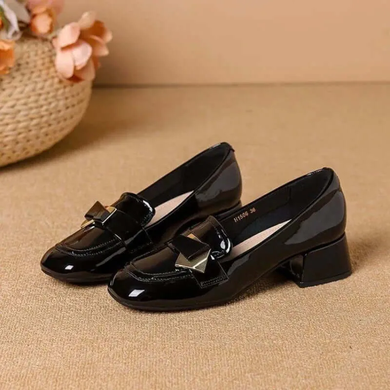 Women's Square Toe Block Heel Leather Dress Pumps