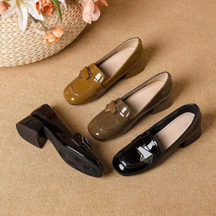 Women's Square Toe Block Heel Leather Dress Pumps