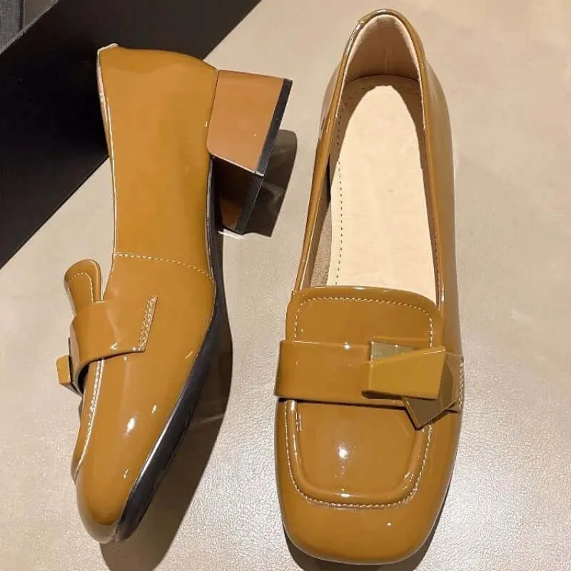 Women's Square Toe Block Heel Leather Dress Pumps