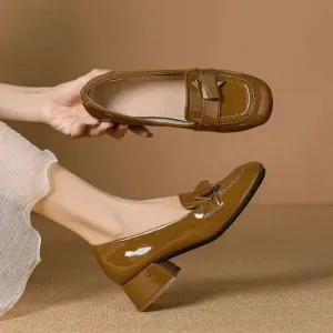 Women's Square Toe Block Heel Leather Dress Pumps