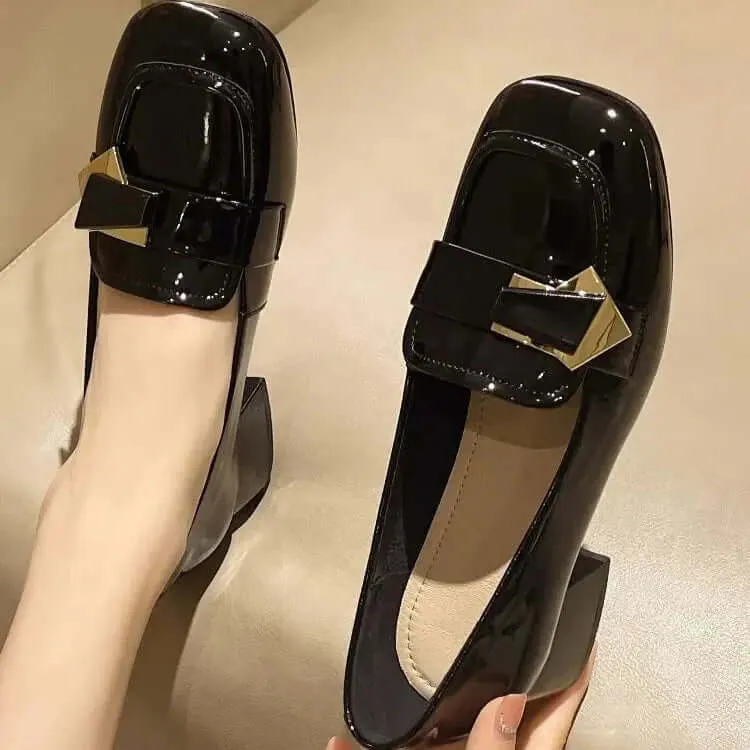Women's Square Toe Block Heel Leather Dress Pumps