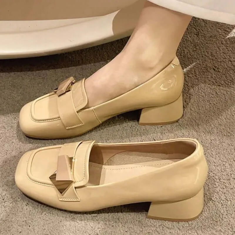 Women's Square Toe Block Heel Leather Dress Pumps